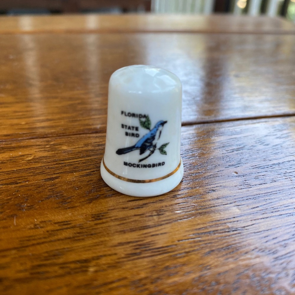 Florida‎ State Bird Mockingbird Porcelain Thimble Collectible Souvenir